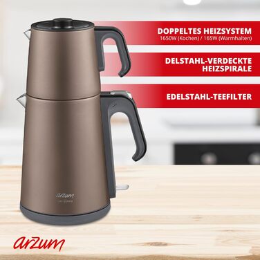 Електричний турецький чайник, 2200 Вт, чайник 3,5 л, скляний чайник 1,2 л, нержавіюча сталь, інтелектуальний контроль температури, захист від кипіння (стандартний rn ls, Toprak)