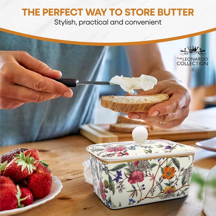 Маслянка з кришкою, китайська кераміка, з гарними акварельними мотивами, дизайн від Jennifer Rose Gallery для Busy Bees (кремові кольори)