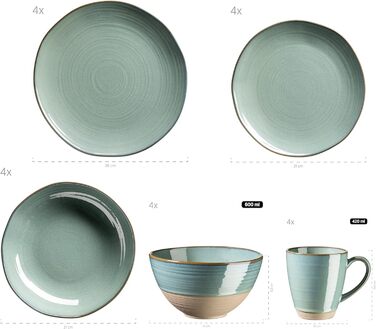 Серія Ноттінгем, вінтажний набір посуду на 4 персони, комбінований сервіз з 20 предметів з неправильними круглими формами в стилі ретро, керамограніт, бірюзово-зелений