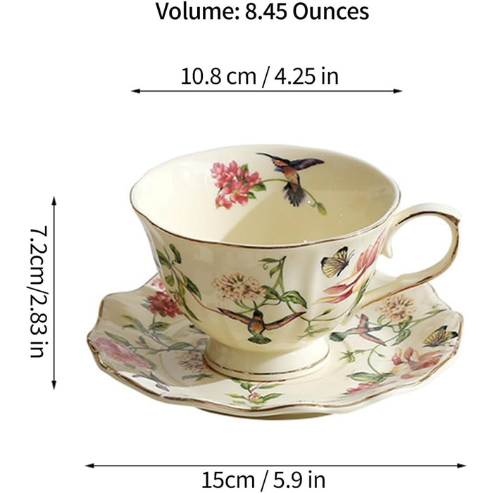 Набір чашок та блюдець Fanquare з вінтажним квітковим візерунком, кістяний фарфор, для еспресо, капучино та кави, з блюдцем та ложкою, подарунок для вечірки (золотий)