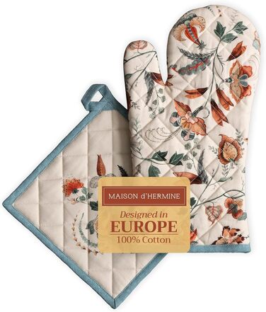 Рукавички для духовки, прихватки для каструль Maison d&39 Hermine, 100 бавовна, термостійкі кухонні рукавички, рукавички для духовки (19 x 33 см) та прихватки для каструль (20 x 20 см) для приготування їжі, Morzine - Рукавички для духовки (19 x 33 см) та
