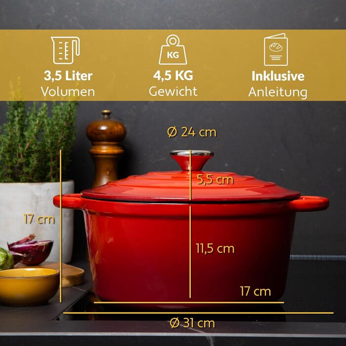 Чавунна жаровня 3,5 л з кришкою 24 см, червона Chefarone