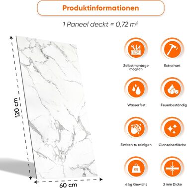 Стінові панелі IZODEKOR під мармур 60x120 см Панель для кухонного фартуха ПВХ-облицювання стін для кухні, ванної кімнати Бризкозахисний екран для кухні Водонепроникний та термостійкий (4 панелі 4 монтажних клею, Carrara)