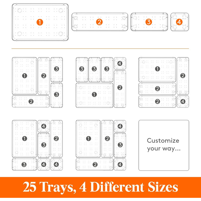 Органайзер для шухляд Lifewit 25 предметів з 4 розмірами, система органайзерів туалетного столика, прозорий пластиковий ящик для макіяжу/ванної кімнати/ящиків, підноси для столу для кухонь, ювелірних виробів, спальні, офісу
