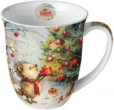 Чашка для кави, чашка для чаю, кухоль 0,4 л, чашка з тонкого кістяного фарфору, Різдвяний Різдвяний Різдво (їжачок з подарунком)
