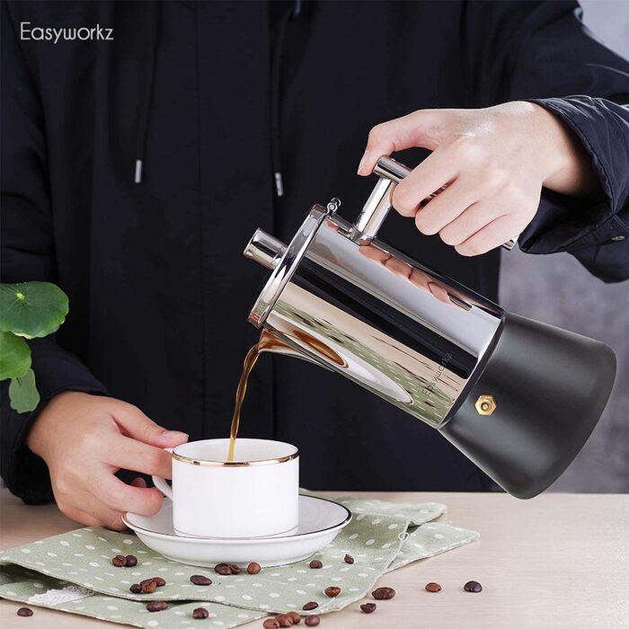 Кофеварка Easyworkz Diego для плиты, нержавеющая сталь, итальянская кофеварка, кофейник Moka на 6 чашек, кофеварка для индукции 300 мл эспрессо (520 мл, черная)