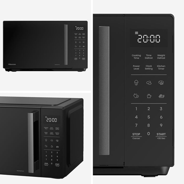 Мікрохвильова піч Hisense H20MOBP1HI / 700 Вт / InverterTech / Керамічне покриття / Преміальне скло / Виготовлена на замовлення, багатофазне приготування / Функція розморожування / 5 рівнів потужності / Блокування від дітей / Чорна (23 л, цифрове керуванн