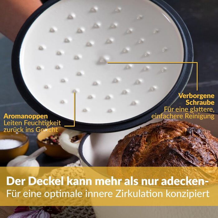 Чавунна каструля Chefarone 24 см, Емальована каструля з кришкою для випікання хліба, тушкування та запікання Хлібна каструля, сумісна з індукцією (вершки, 4,7 л)