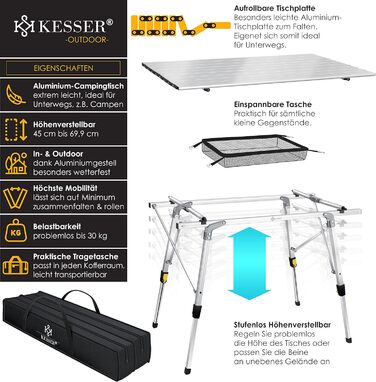 Стол для кемпинга KESSER складной стол с алюминиевой рамой Откидной стол на колесах Откидной стол Регулировка высоты, включая сумку для переноски с ремнем для переноски 90 x 53 см - до 30 кг, (90 см x 53 см, серебристый)
