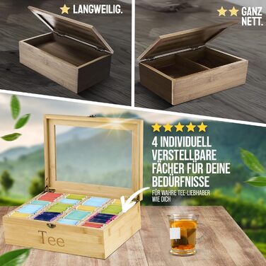 Чайна скринька преміум-класу NATURSCHMIED з вишневого дерева з 20 гнучкими відділеннями та оглядовим віконцем, (22,5 x 31 x 10 см) - посилені петлі міцна застібка - Елегантне сховище для чаю для справжніх любителів чаю (бамбук рівня А)