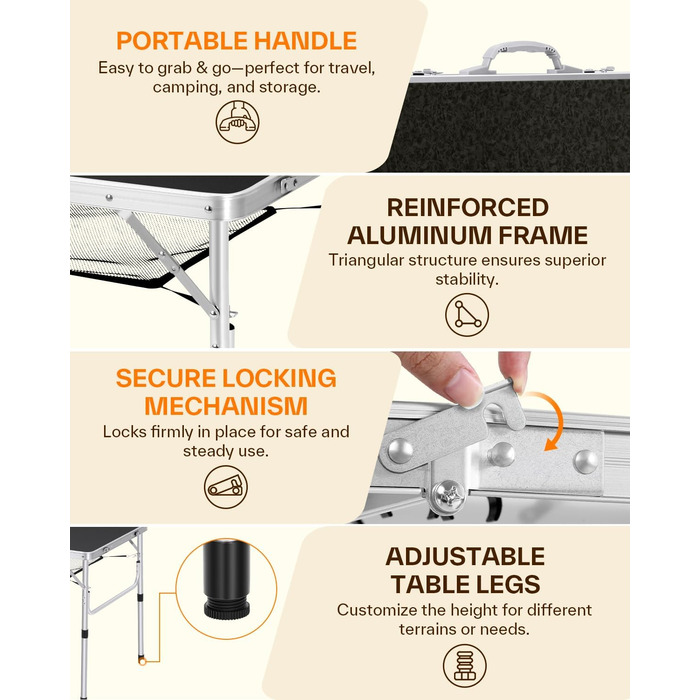 Складаний кемпінговий стіл з регульованою висотою 90 x 60 см Sportneer