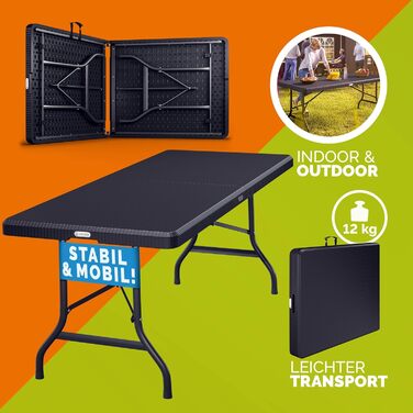 Складний стіл 180x75 см чорний з ротанга Casaria