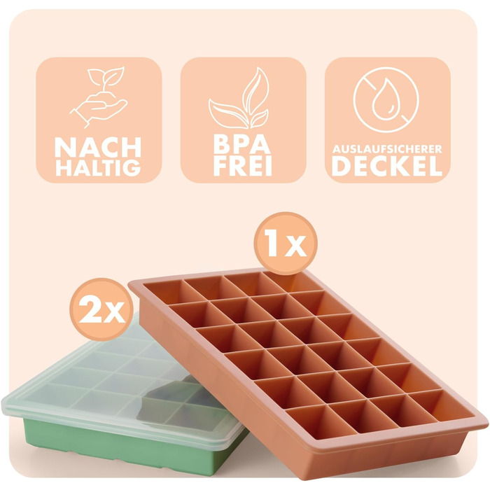 Силіконові формочки для льоду Blumtal, набір з 3 шт. - форма для льоду на 24 кубики з кришкою - силіконова форма для льоду без бісфенолу А - форма для льоду, безпечна для харчових продуктів - сіро-блакитна великі кубики (оливково-зелена червона, великі ку