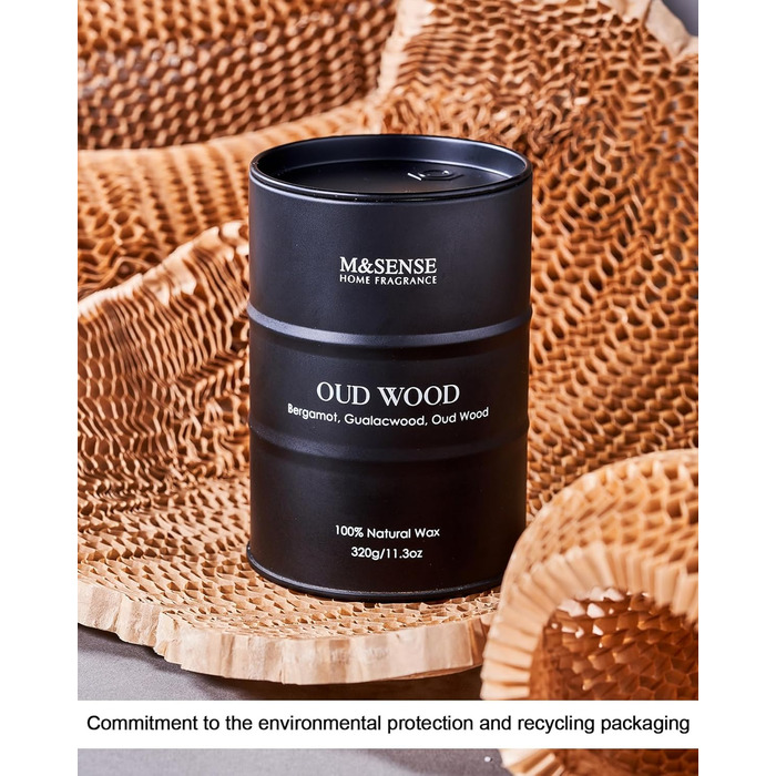 Ароматичні свічки M&SENSE Oud Wood з натурального соєвого воску, 320 г натуральної соєвої свічки для домашнього декору, тривале горіння до 70 годин, класні подарункові свічки для чоловіків і жінок, 320 г Oud Wood