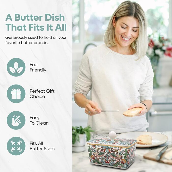 Маслянка з кришкою, китайська кераміка, з гарними акварельними мотивами, дизайн якої розроблено галереєю Дженніфер Роуз для Busy Bee (зелена)