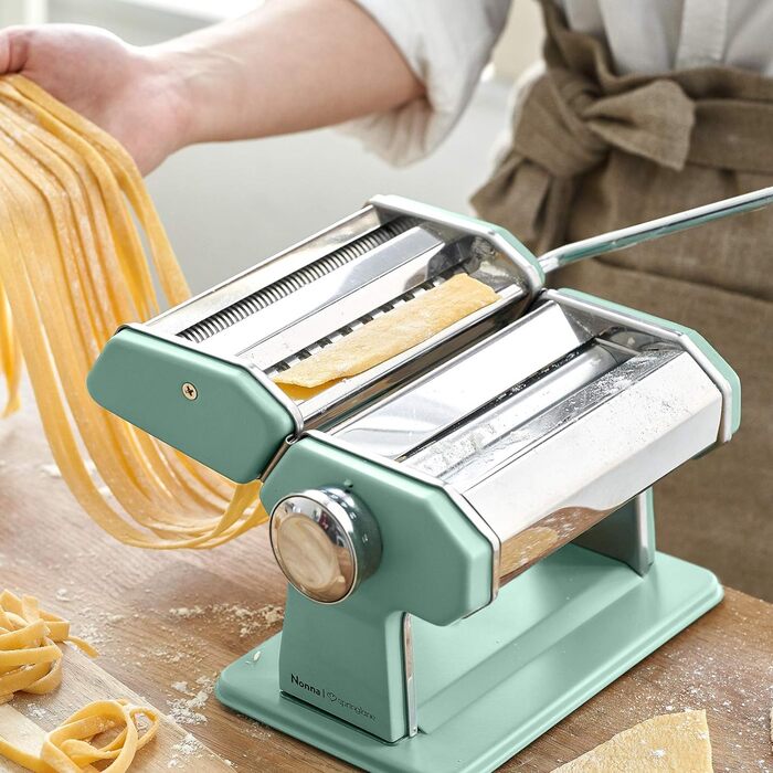 Нержавіюча сталь, макаронниця з буклетом рецептів, сушарка для макаронних виробів і 3 насадки для нарізки спагетті, лазаньї, тальятелле - (макаронна машина з насадкою для лінгвіні, м'ята)