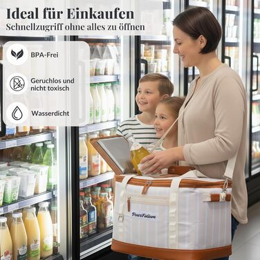 Велика складна сумка-холодильник 45 л для покупок, пляжу, пікніка, кошика для покупок, сумки для ланчу, термосумки, боксу-холодильника, портативна, пасивна, водонепроникна, 12 годин ізольована з клапаном, ретро XXL бежевий