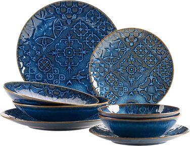 Сучасний вінтажний набір посуду на 2 персони в мавританському дизайні, столовий сервіз з 8 предметів з тарілками та мисками з високоякісної кераміки, керамограніту (форма купе, синій), 935079 Series Tiles