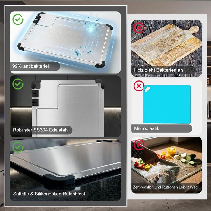 Разделочная доска из нержавеющей стали 38 x 28 см с точилкой для ножей и силиконовыми уголками Bafeil