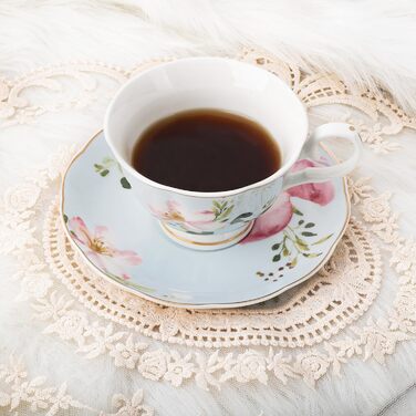 Чайні чашки з блюдцями Fanquare з квітковим візерунком, набір з 6 шт. , різноманітні порцелянові кавові чашки з пастельними квітковими принтами та золотим обідком, придатні для миття в посудомийній машині та заморожування, рожеві та блакитні