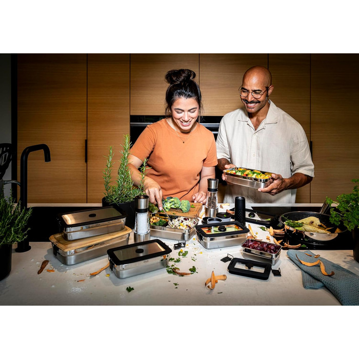 Л прямокутна кришка з нержавіючої сталі з затискачами для ланч-бокса, силіконовий обідок, герметична, силіконовий клапан, сріблясто-чорний, срібляста прямокутна нержавіюча сталь (нержавіюча сталь прямокутна) 1.0 л прямокутна, 2GO 1.0