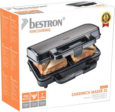 Бутербродниця Bestron XL, тостер для сендвічів з антипригарним покриттям на 2 сендвічі, в т.ч. автоматичний контроль температури та індикатор готовності, 900 Вт, колір чорний/ (сірий титан)
