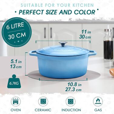 Чугунная эмальированная овальная кастрюля 6 л с крышкой, 30 x 13 см, синий vancasso