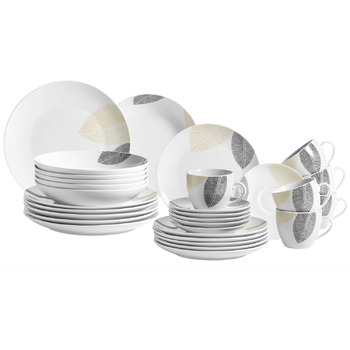 Красиво оформленный набор посуды на 6 персон, комбинированный сервиз из 30 предметов, без ободка, фарфор, белый, 931215
