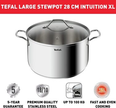 Кастрюля 8 л из нержавеющей стали со стеклянной крышкой 28 см Intuition Tefal