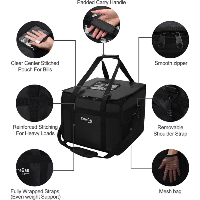 Ізольована харчова сумка, 38 x 38 x 32 см, ідеально підходить для гарячих та холодних страв, піци, ресторанів, доставки додому, індійської/китайської їжі, пікніків, термосумка, чорна