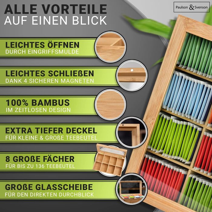 Екологічна чайна коробка з 8 дерев&39яними відділеннями - Герметичне зберігання чайних пакетиків виготовлене з сертифікованого бамбука - Органайзер для чаю з магнітною застібкою та скляною кришкою - Зберігання чайних пакетиків