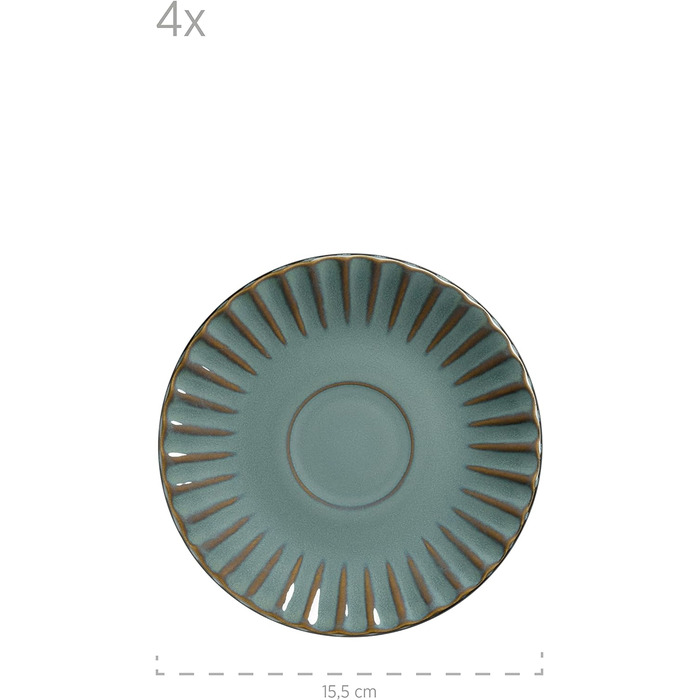 Набір посуду MSER серії 931966 Confino на 4 персони в сучасному вінтажному стилі, сервіз посуду для сніданку з 12 предметів з кераміки бірюзового кольору з чорними вставками, сервіз кави з кераміки Teal
