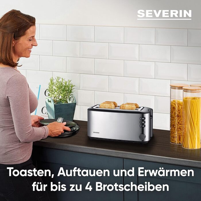 Автоматический тостер SEVERIN с длинными щелями, тостер с насадкой для булочки, высококачественный тостер из нержавеющей стали с большими камерами для запекания и мощностью 1400 Вт, матовая нержавеющая сталь/черный, AT 2509