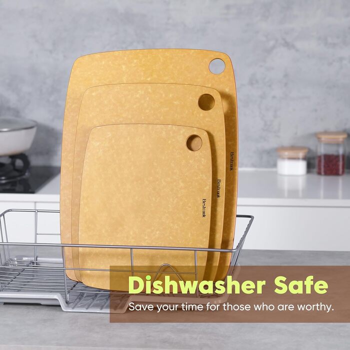 Набір обробних дощок BESTCOOK з деревного волокна, 3 шт., можна мити в посудомийній машині, висока щільність, антипористі, без BPA, не туплять ножі, ідеально підходять для нарізання мяса, овочів, сиру та хліба (дерево, велика середня)