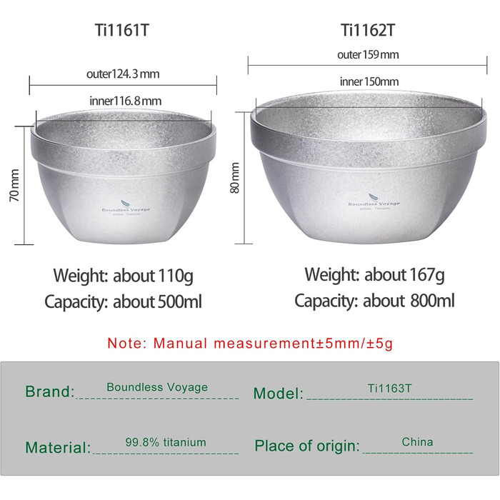 Набор титановых лоханок для кемпинга 500 и 800 мл Boundless Voyage
