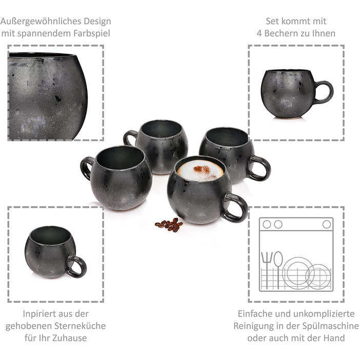 Співачка Набір кавових кухлів Tombey з кераміки, ручної роботи, набір чашок для кави з 4 предметів, сучасний дизайн 300 мл (чашки для капучино 4 шт.)