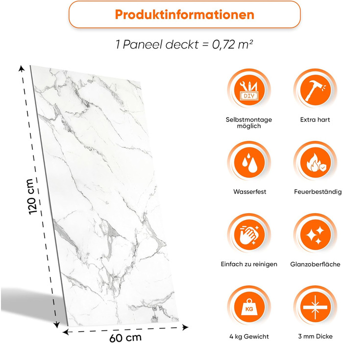 Стінові панелі IZODEKOR під мармур 60x120 см Панель для кухонного фартуха ПВХ-облицювання стін для кухні, ванної кімнати Бризкозахисний екран для кухні Водонепроникний та термостійкий (4 панелі 4 монтажних клею, Carrara)