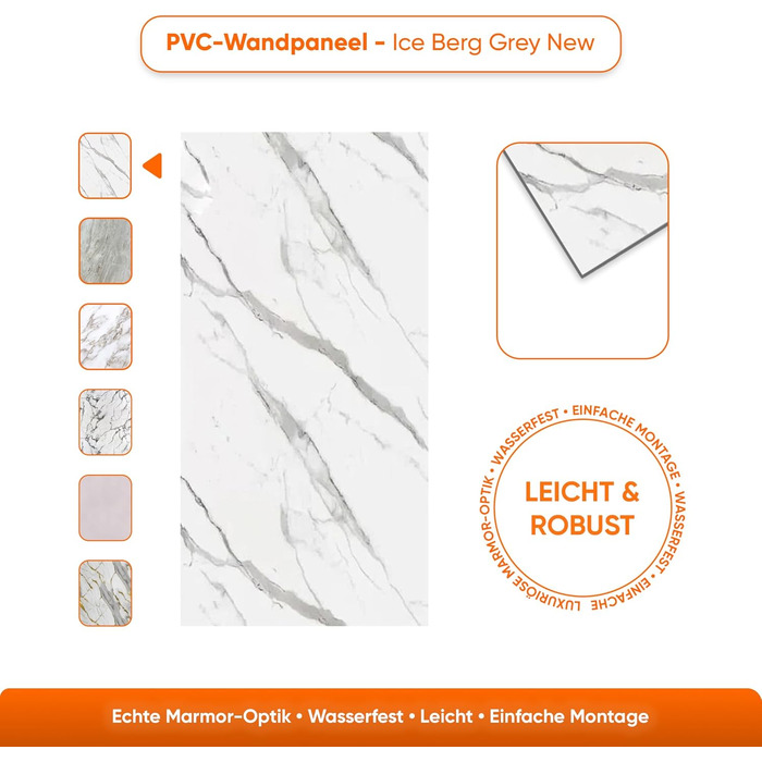 Стінові панелі IZODEKOR під мармур 60x120 см Панель для кухонного фартуха ПВХ-облицювання стін для кухні, ванної кімнати Бризкозахисний екран для кухні Водонепроникний та термостійкий ( панель, новий колір Ice Berg Grey)