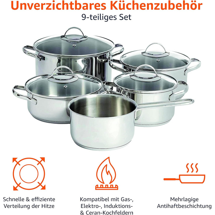 Набір посуду Kitchen-Profi Basics з 11 предметів з нержавіючої сталі для індукції з кришками, сріблястий (9 предметів)