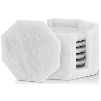 Підставки під чашки з мармуру з підставкою, 8.9 см, з оніксу, ручної роботи, для офісу, напоїв, кави та бару, на обідній стіл, набір з 6 шт. (Білі)