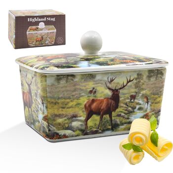 Маслянка з кришкою, китайська кераміка, з гарними акварельними мотивами, дизайн якої розроблено галереєю Дженніфер Роуз для Busy Bees (біла з ілюстрацією оленя натурального кольору)