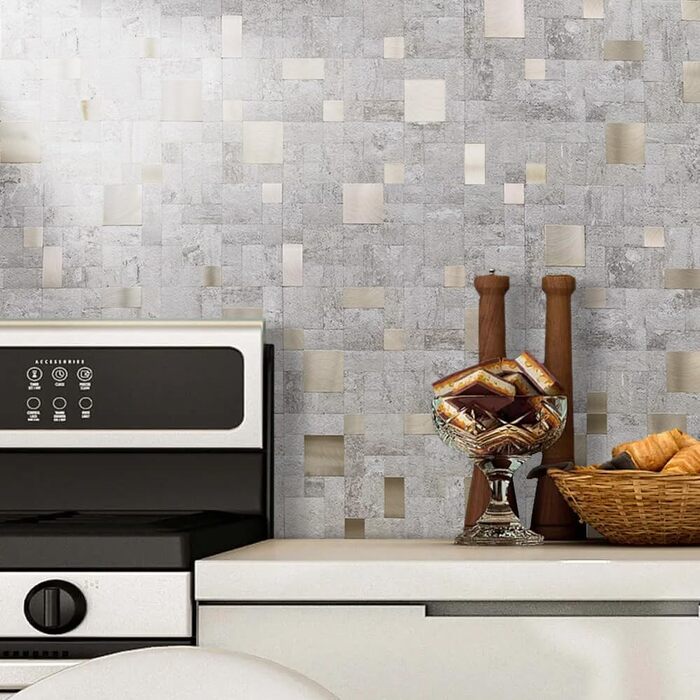 Мідний плитковий фартух DICOFUN, що знімається та клеїться, нержавіюча сталь, для кухні, металевий, фартух для плити, 0 листів (10, бежевий камінь та метал, золото)