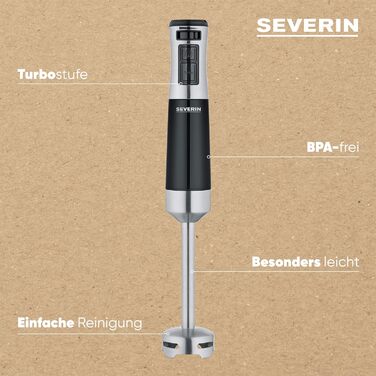 Акумуляторний ручний блендер SEVERIN з набором преміум-класу, знімний блендер, з ручним блендером, мультиподрібнювач, глечик для блендера, товкач для картоплі та вінчик, чорна/матова нержавіюча сталь, SM 3775 (600 Вт)