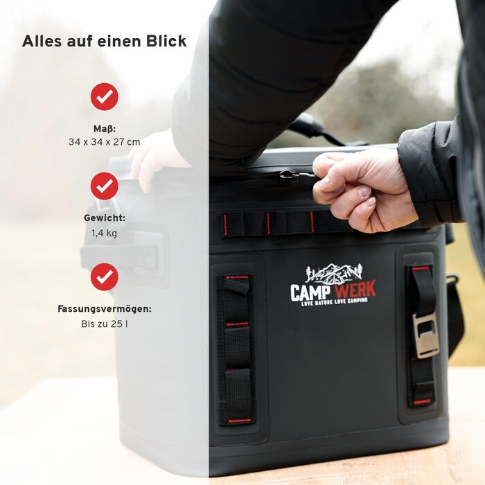 Сумка-холодильник CAMPWERK 25 л водонепроникна, ізольована та міцна ідеально підходить для кемпінгу, активного відпочинку на свіжому повітрі та пікніків