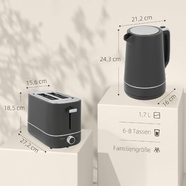 Комплект чайника та тостера HOMCOM 2200 Вт 1,7 л, тостер на 2 скибочки, 6 рівнів підсмажування, функції розігріву та розморожування, набір для сніданку з фільтром від накипу та піддоном для крихт, термостат Otter UK (сірий)