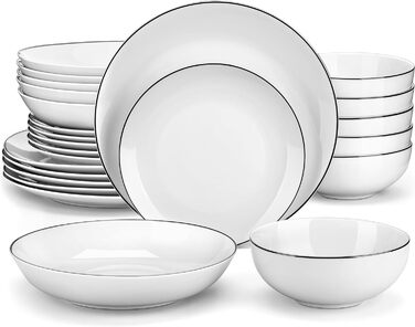 Серія Amelia, порцеляновий набір посуду на 6 персон, порцеляновий столовий сервіз, білий комбінований сервіз преміум-класу, з 6 обідніми тарілками, 6 тарілками для тортів, 6 глибокими тарілками та 6 мисками кожна. Набір посуду на 6 осіб (24, білий з чорни
