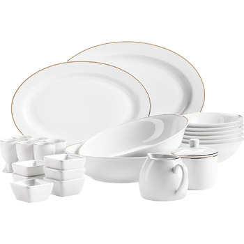 Професійний набір обідніх тарілок на 6 персон у білому кольорі з порцеляною з 12 предметів (золотий обідок, набір аксесуарів), 931533
