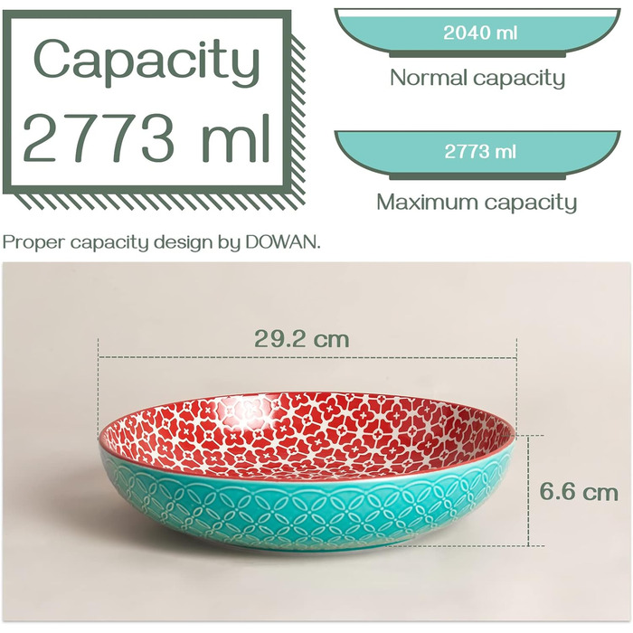 Салатники DOWAN 2000 мл, набір великих сервірувальних мисок 24,1 см з 2 шт. , порцелянова миска для макаронів, мікрохвильова піч і посудомийна машина, штабельовані, багатобарвні Подарунки до Дня матері, Різдво (29,2 см)