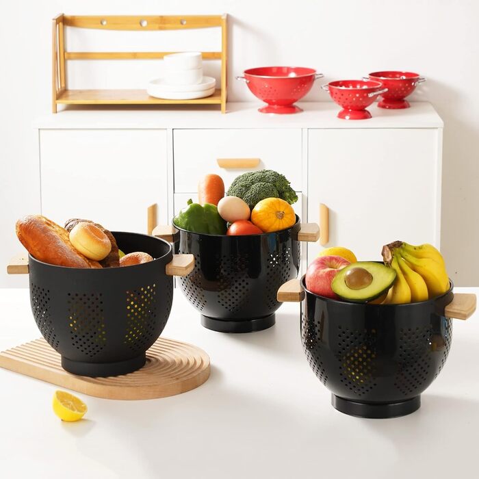 Металеве сито для пасти з дерев&39яною ручкою та стабільною основою, велике кухонне сито 22 см для пасти, овочів та фруктів, міцне кухонне сито (світло-чорне)