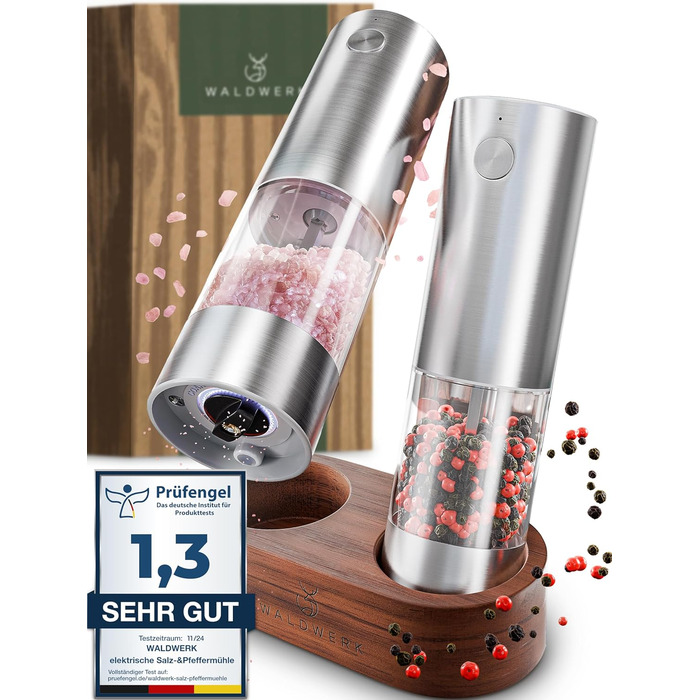 Набор из 2 мельниц для соли и перца на деревянной подставке WALDWERK
